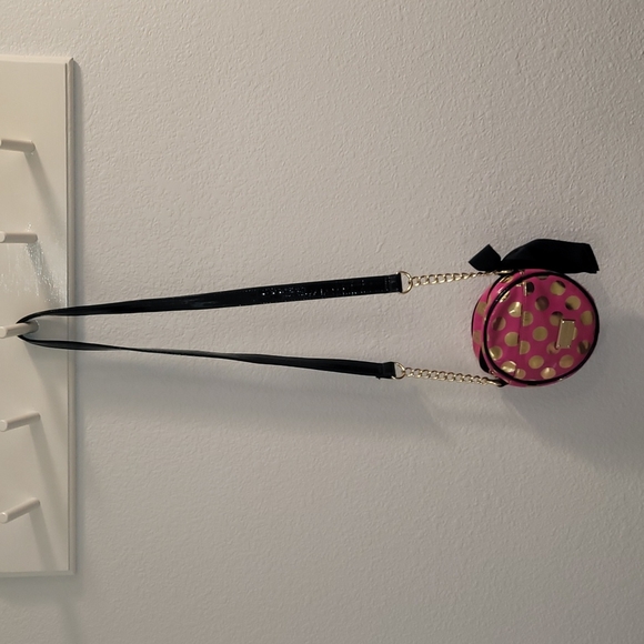 Betsey Johnson Pink Handbag with Gold Polka Dots and Black Bow and Strap - Picture 2 of 12